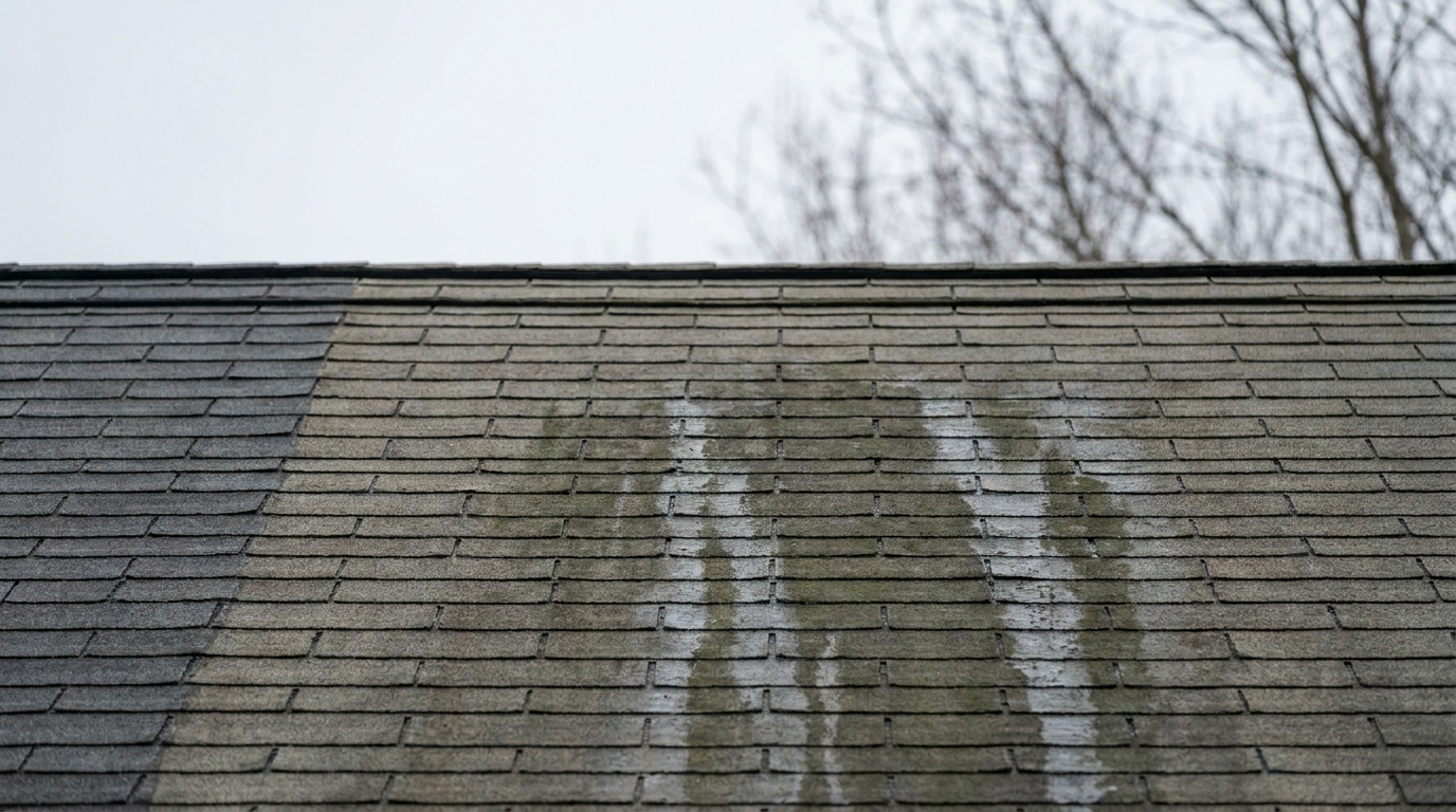 Asphalt shingle roof with dark black algae streaks in Pennsylvania