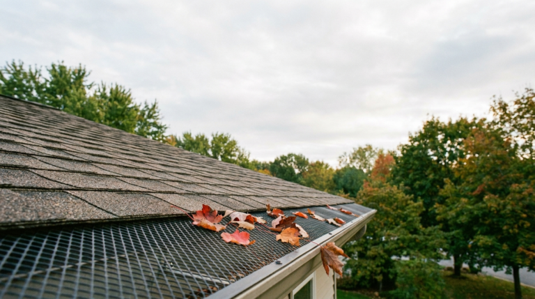 Metal mesh gutter guard on a Pennsylvania home with autumn leaves