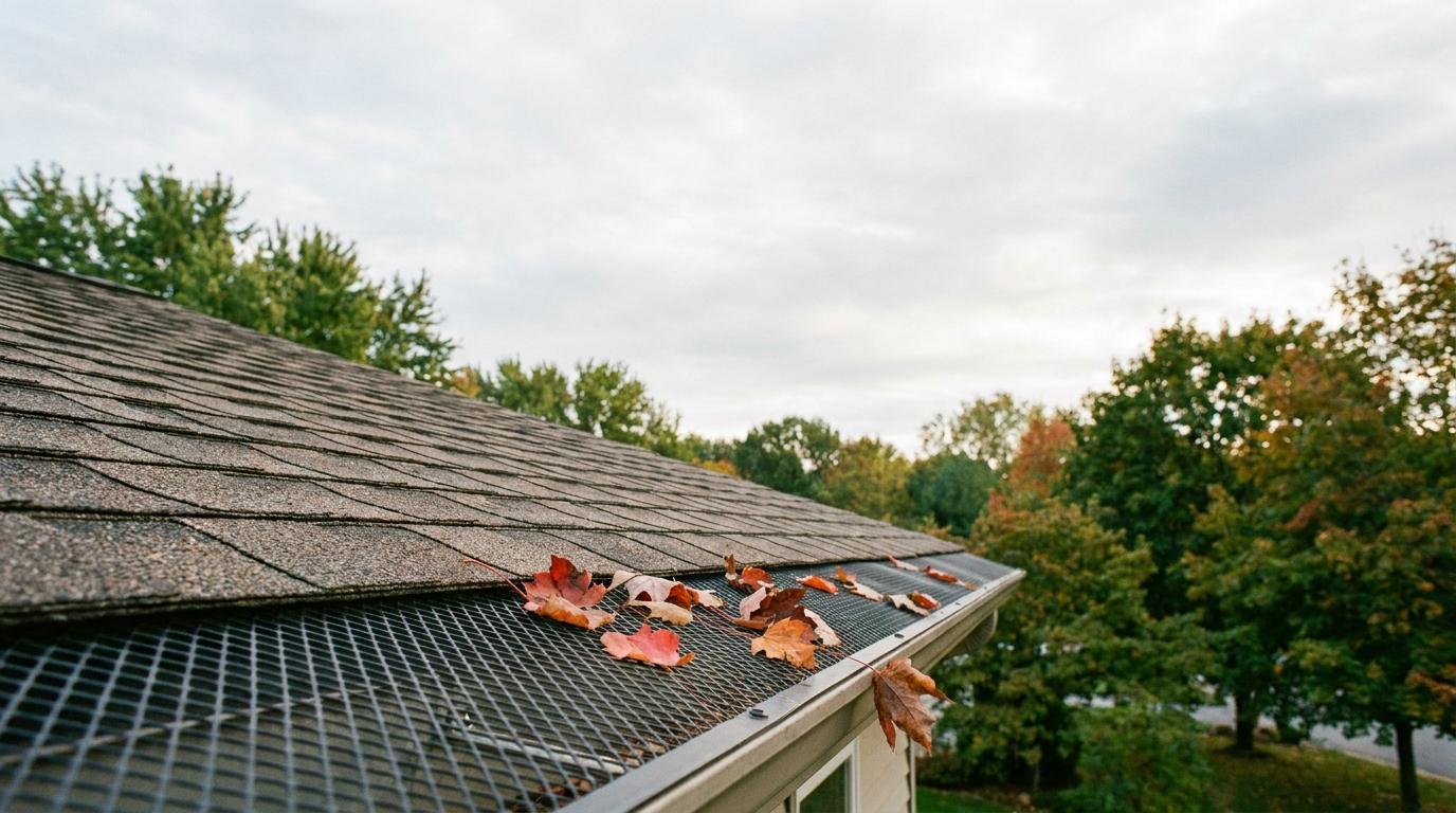 Metal mesh gutter guard on a Pennsylvania home with autumn leaves