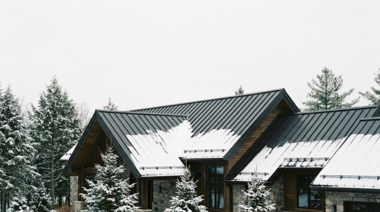 Dark standing-seam metal roof shedding snow on a Poconos home in Pennsylvania