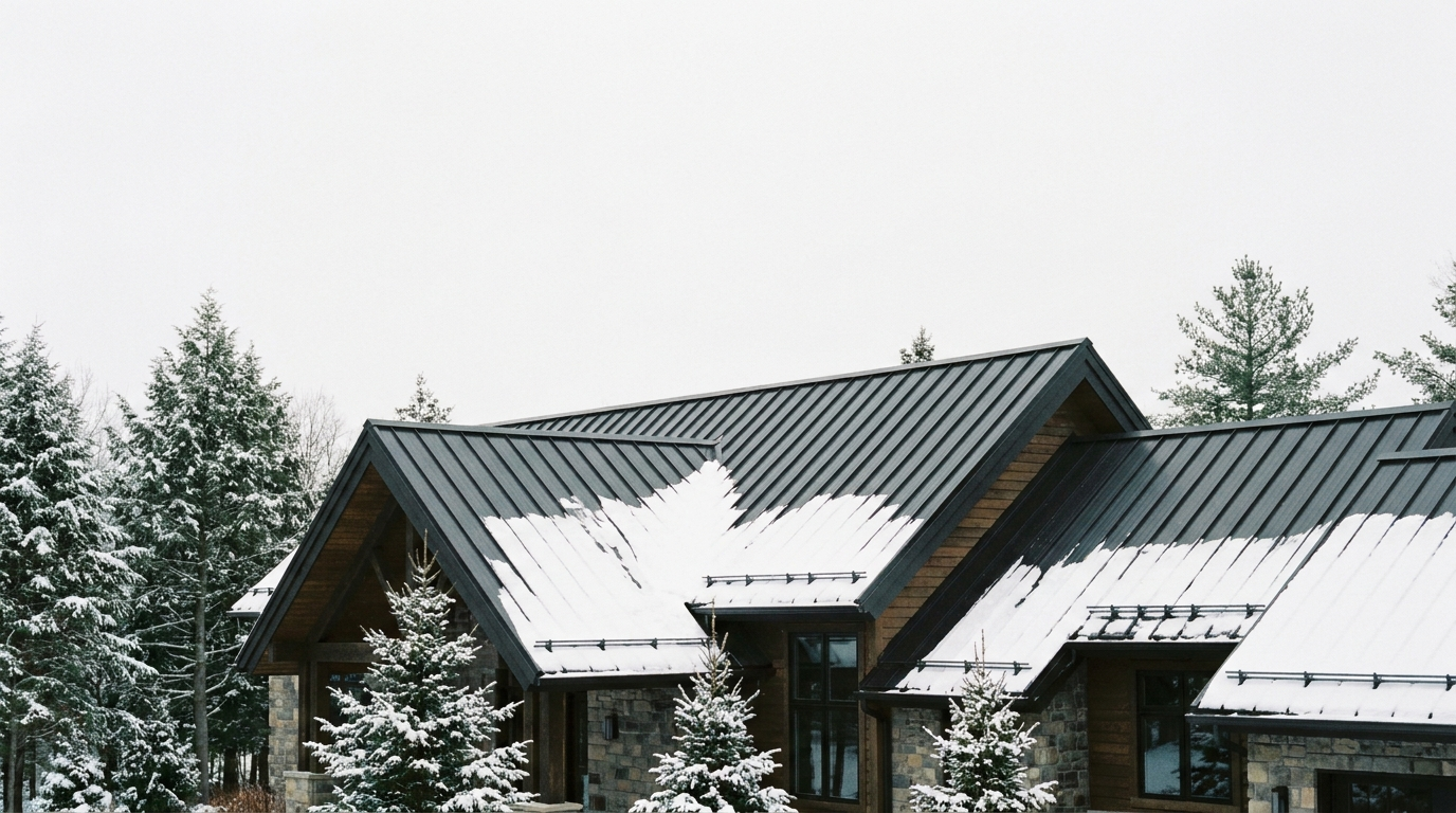 Dark standing-seam metal roof shedding snow on a Poconos home in Pennsylvania