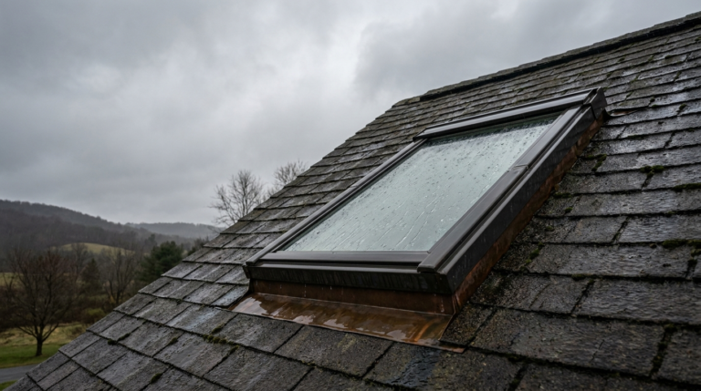 Skylight on an asphalt shingle roof with wet flashing in the rain