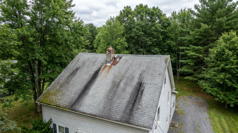 Aerial view of an aging asphalt shingle roof with algae streaking on a Pennsylvania home, the kind of roof age insurers flag at renewal