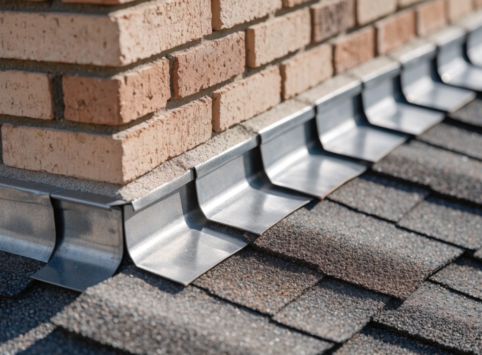 Close-up of step flashing woven into asphalt shingles along a brick chimney sidewall in the Poconos