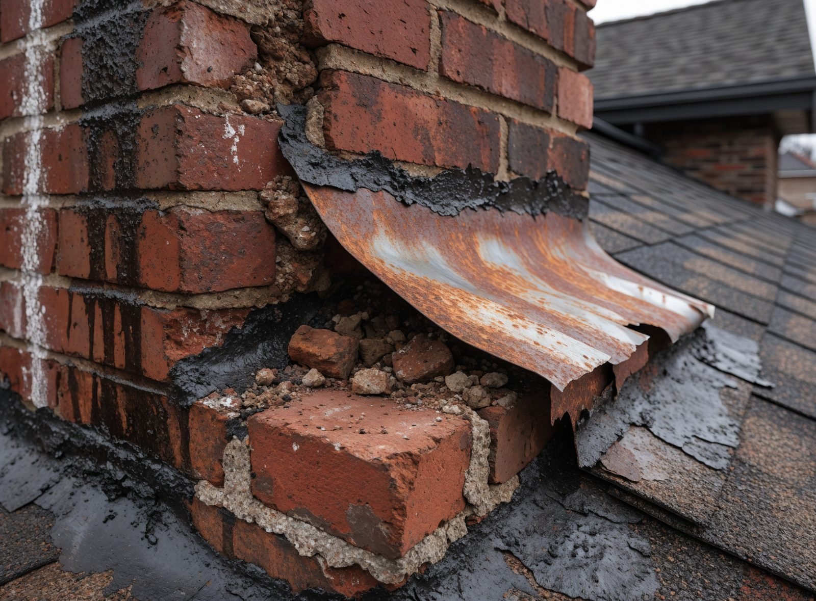 Signs of failing chimney flashing: rusted lifted metal, crumbling mortar joint and old roofing tar on a brick chimney