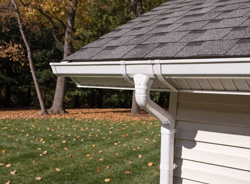 Clean aluminum rain gutter and downspout on a residential roof in Stroudsburg, PA