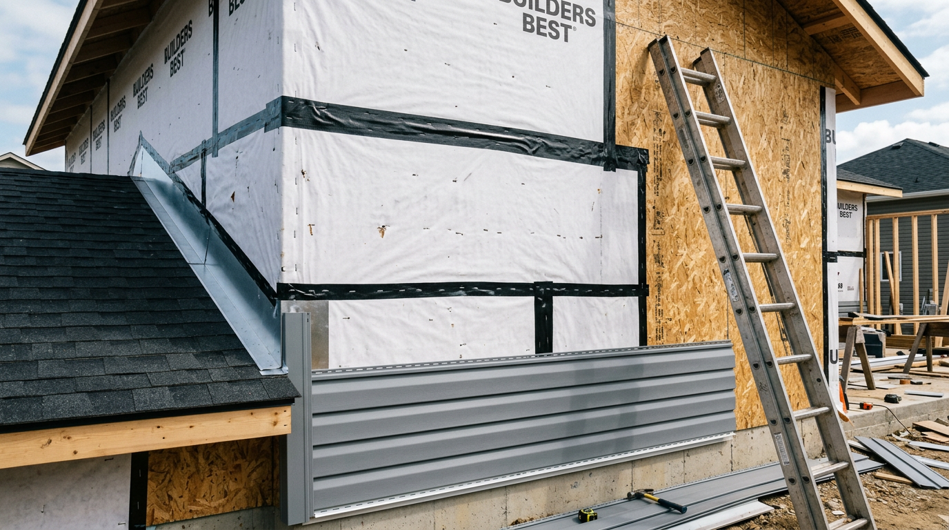 House wrap and wall flashing installed over sheathing during the siding installation process in Stroudsburg PA