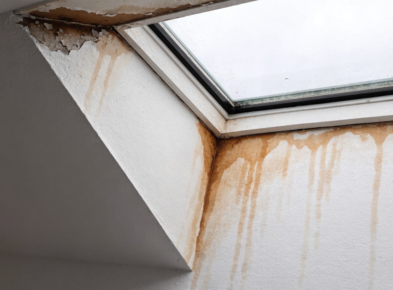 Leaking skylight seen from inside: brown water stains and peeling paint on the drywall of the skylight shaft