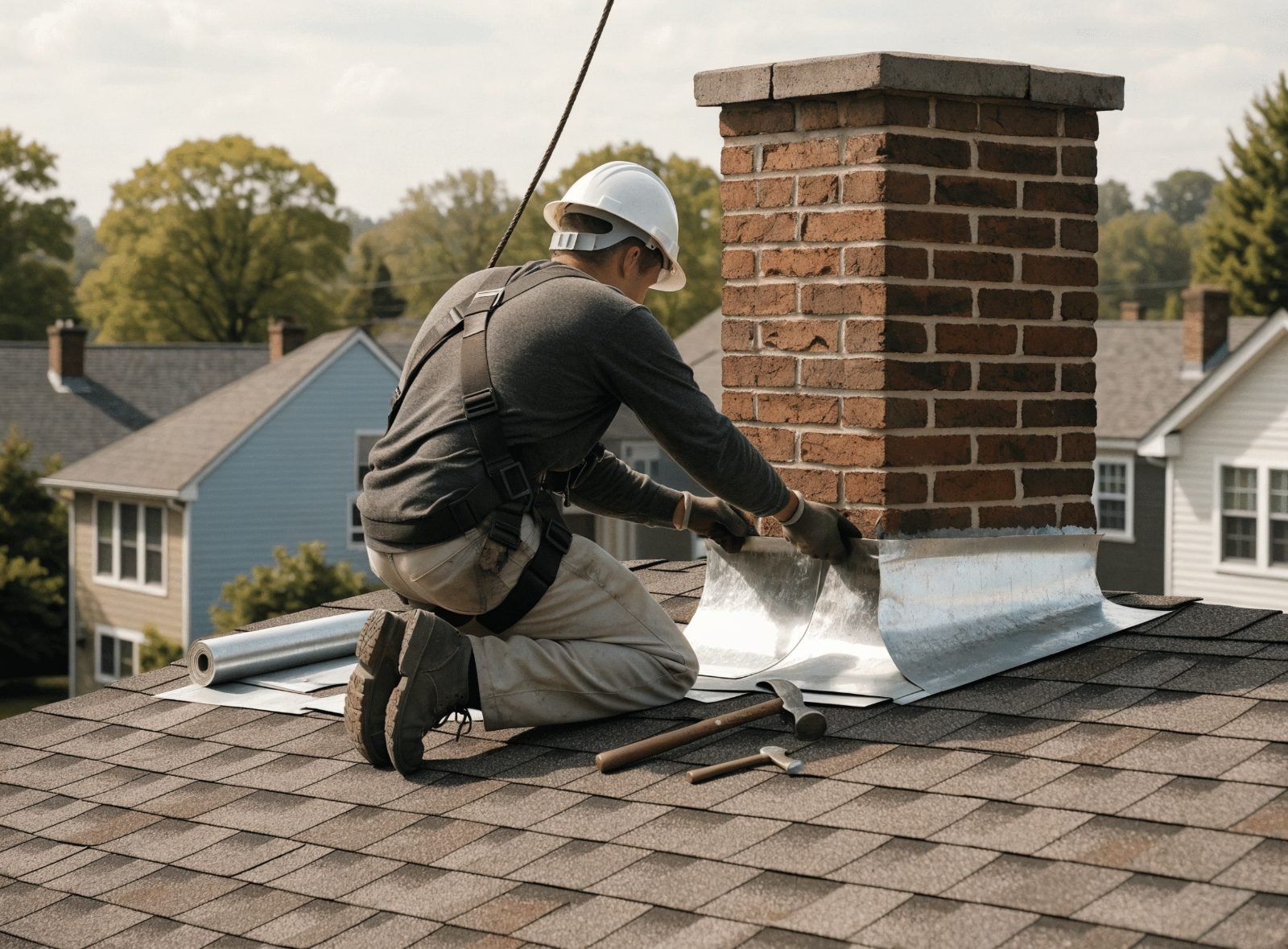 Roofer in a safety harness installing new chimney flashing on a residential asphalt shingle roof in Pennsylvania