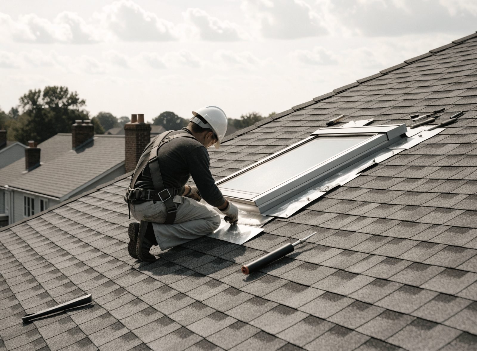 Roofer installing new skylight flashing and sealant on a residential asphalt shingle roof in Pennsylvania