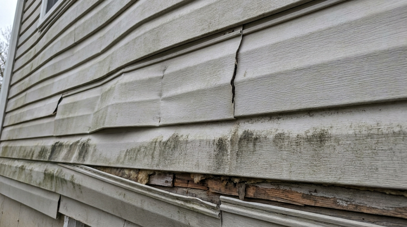 Warped, cracked and mildew-streaked vinyl siding panels showing the signs you need new siding in Stroudsburg