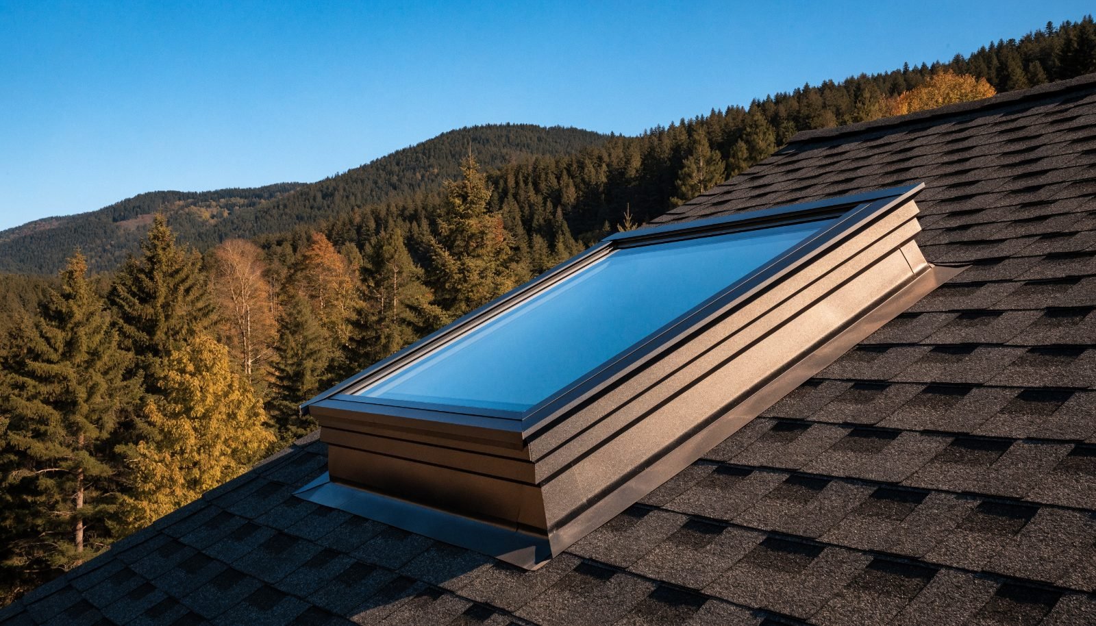 Skylight leak repair in Stroudsburg, PA — new metal flashing kit sealing a skylight on an asphalt shingle roof in the Poconos
