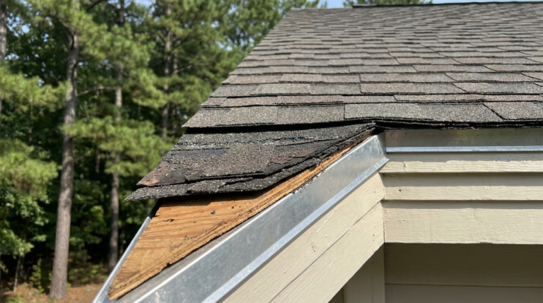 Close-up of a roof rake edge showing two layers of asphalt shingles stacked, roofing over existing shingles in Pennsylvania