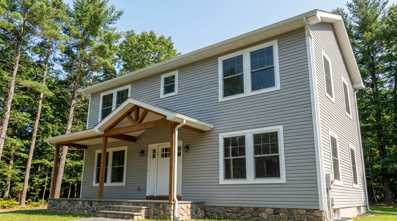 Home in the Poconos with newly installed gray vinyl siding and white trim, siding installation in Stroudsburg PA