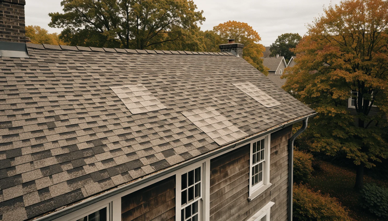 Worn asphalt roof with granule loss and several mismatched patch repairs in different shades