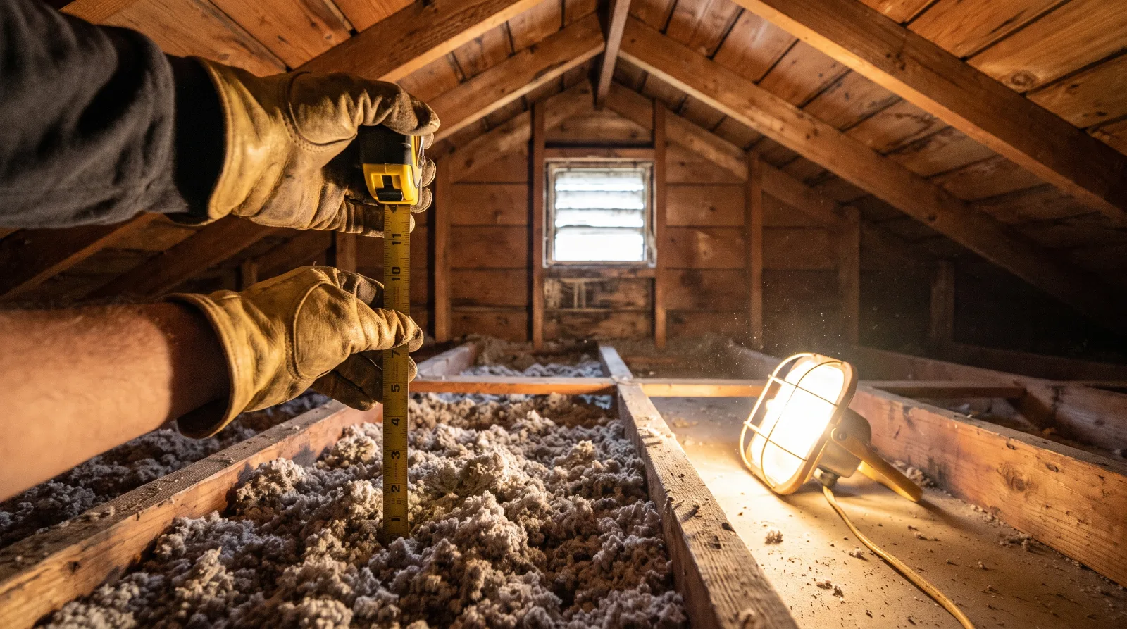 Tape measure standing in blown attic insulation between joists, checking depth against the R-49 target for the area