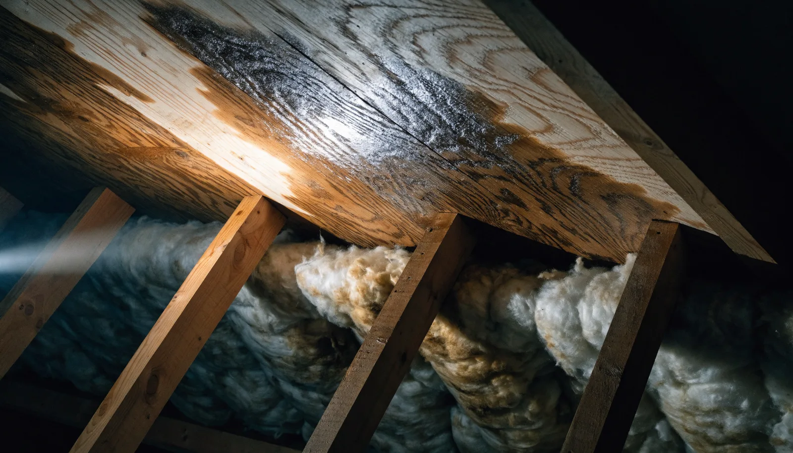 Attic view of roof decking darkened by a long-running leak above damp fiberglass insulation