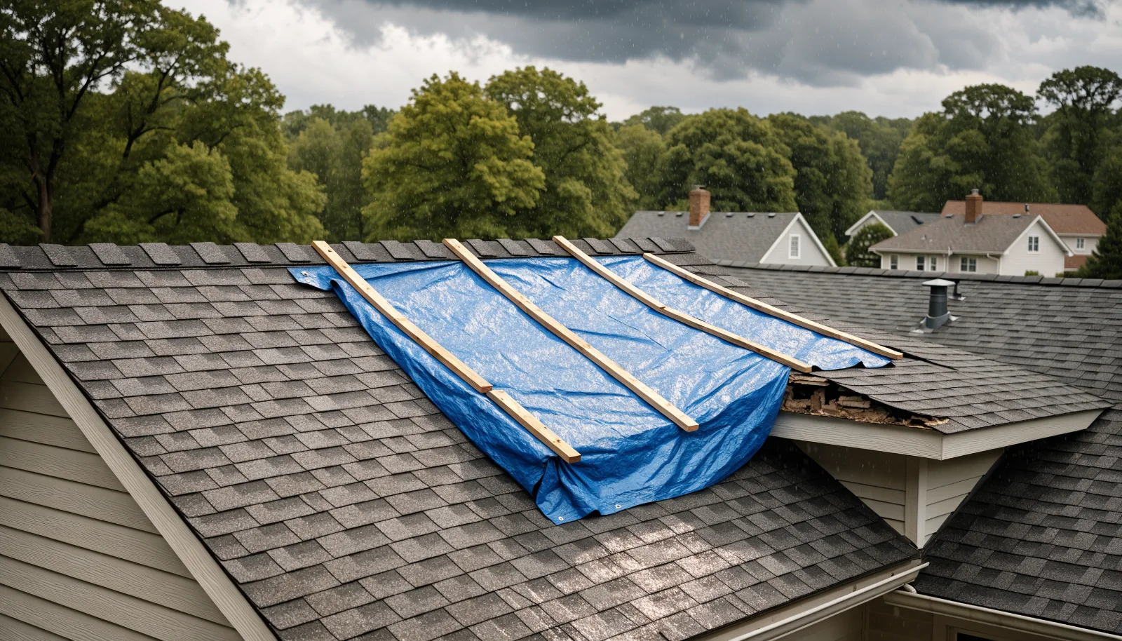 Blue emergency tarp battened over a damaged roof section to stop water until repairs begin