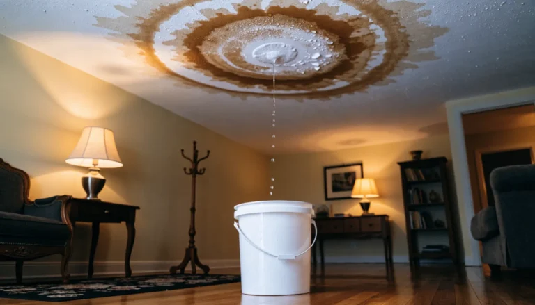 Brown water stain spreading across a living room ceiling with a bucket catching drips below