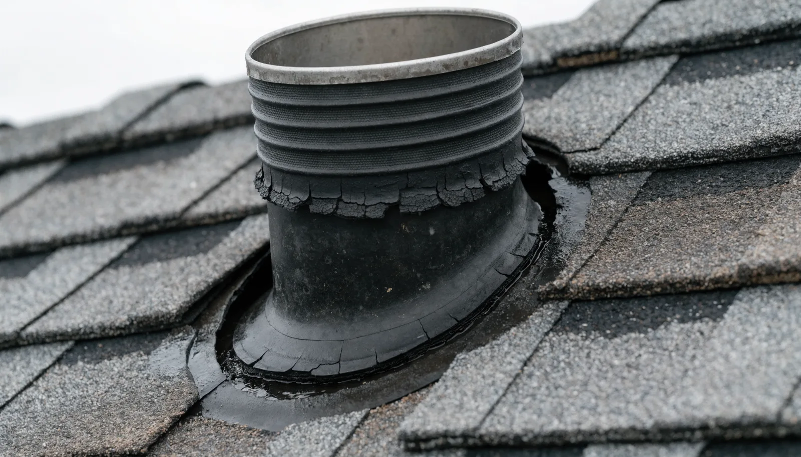 Cracked rubber pipe boot around a roof vent, the most common and cheapest source of a leak