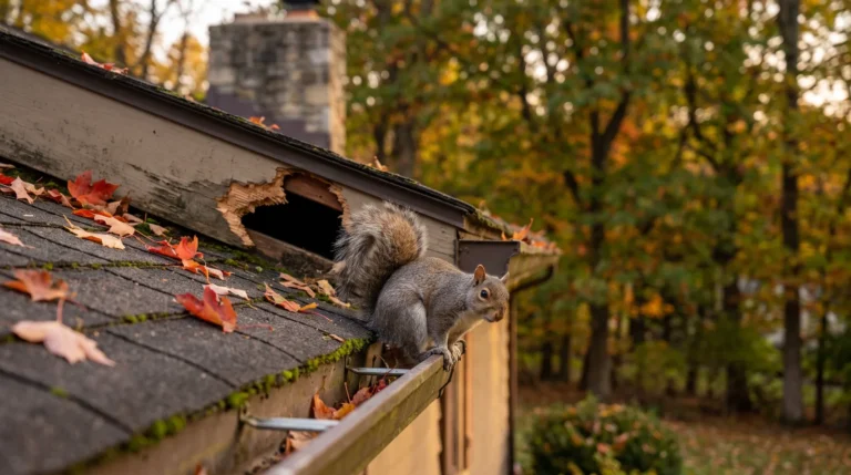 Gray squirrel on a shingle roof beside a chewed hole in the roofline, with fall maple leaves on the roof and gutter