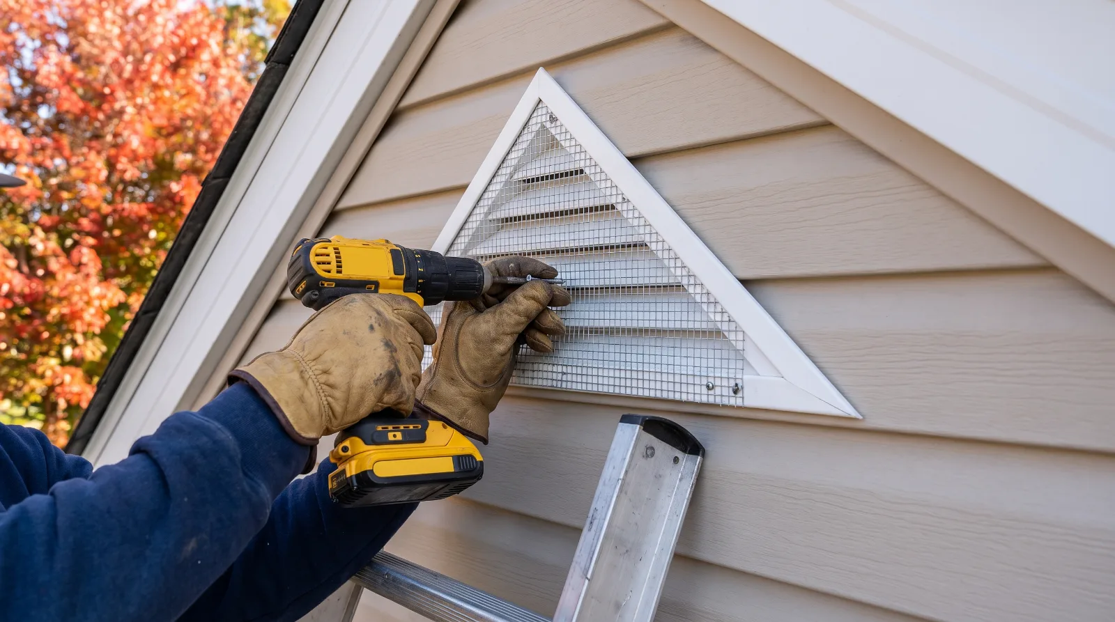 Gloved hands fastening heavy galvanized mesh behind a triangular gable vent on a vinyl-sided house to block squirrels