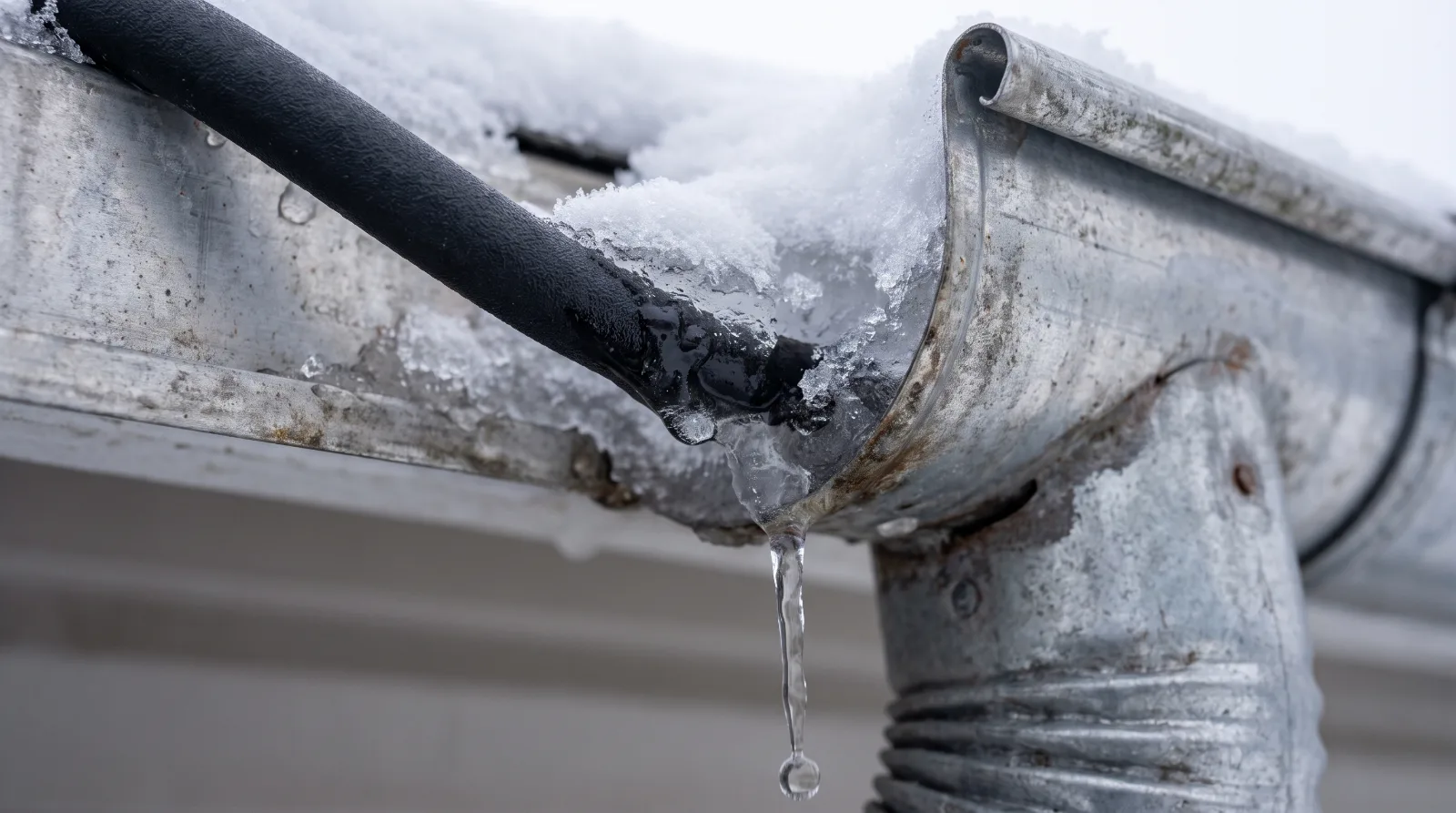 Heat cable running through an icy aluminum gutter and into the downspout, keeping a path open for meltwater to drain
