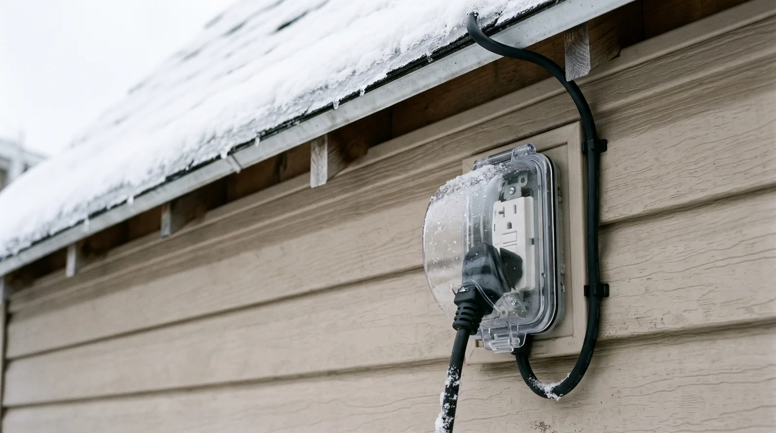 Heat cable plugged into a GFCI outdoor outlet with a clear in-use weatherproof cover, mounted under a snowy roof eave