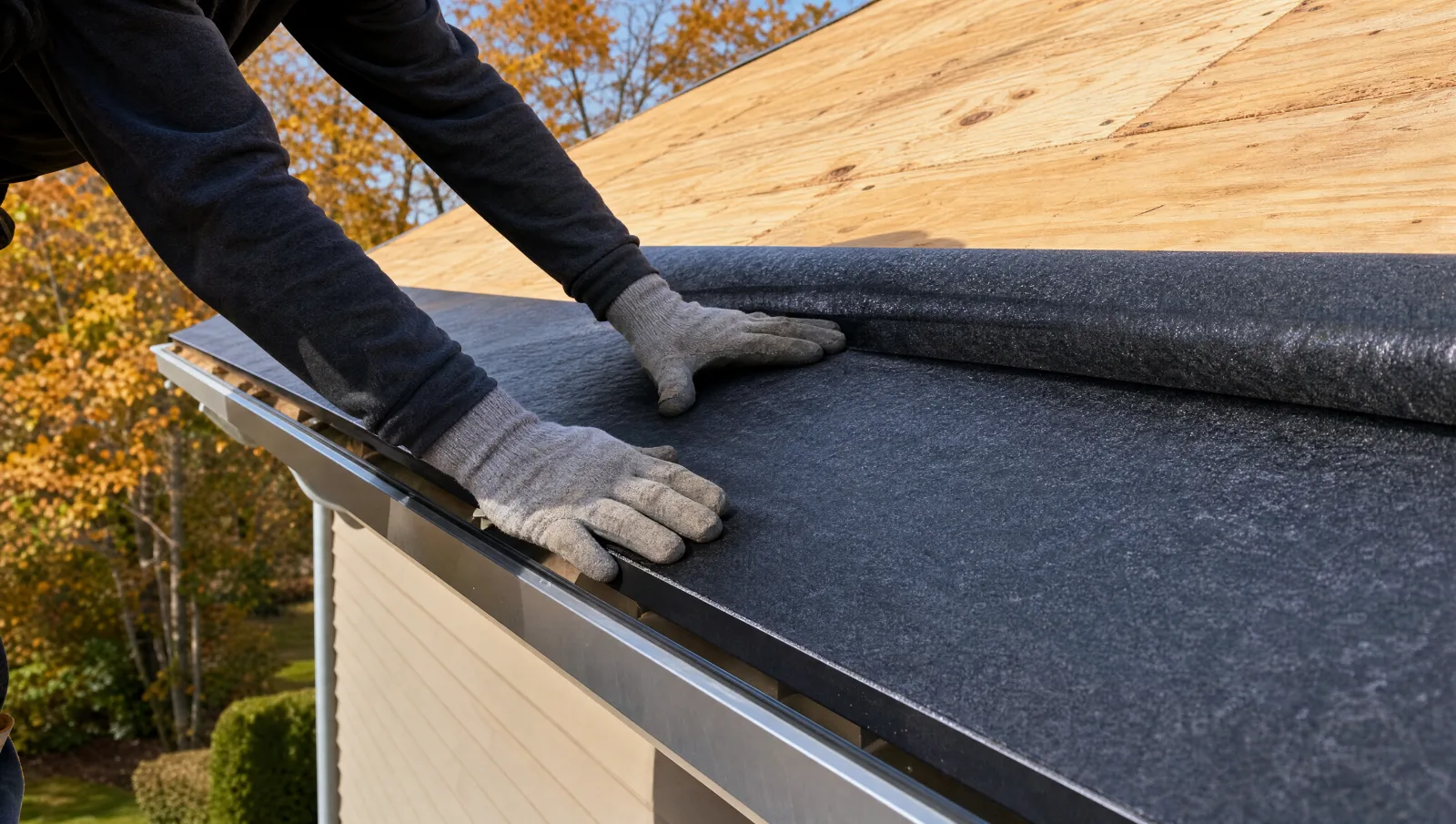 Self-adhering ice and water shield membrane rolled along a bare roof deck at the eave, above new metal drip edge