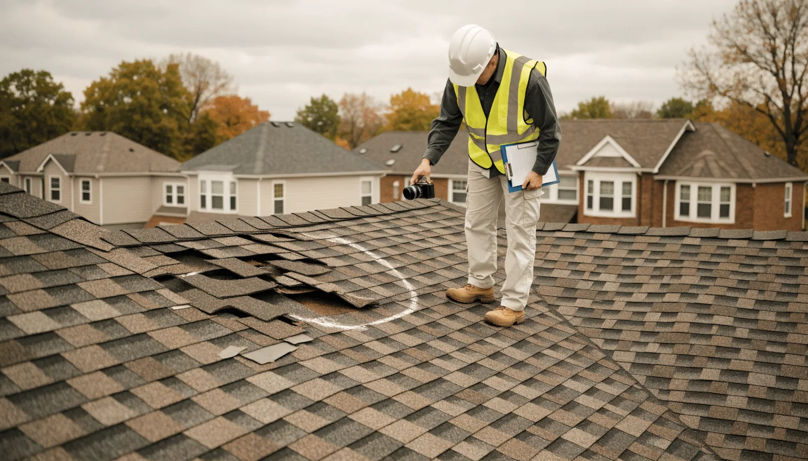 Insurance adjuster in hard hat photographing chalk-marked storm damage on a residential roof