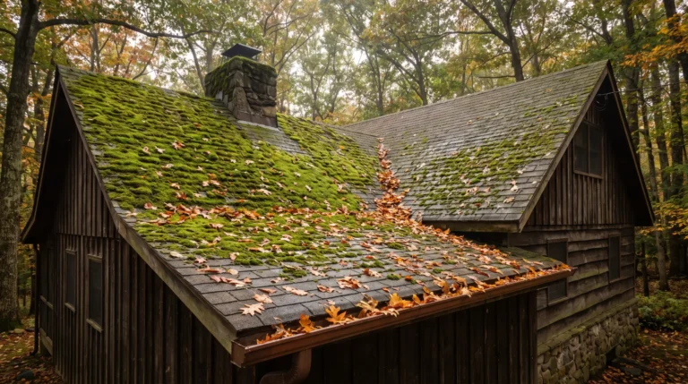 Thick green moss and fallen autumn leaves covering the shaded shingle roof of a wooded cabin in the Pocono Mountains