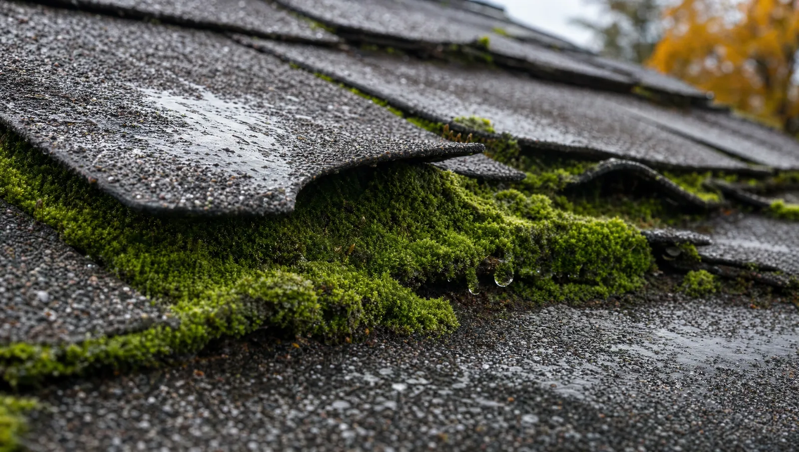 Close-up of moss growing under asphalt shingle edges and prying them upward, breaking the seal between the courses