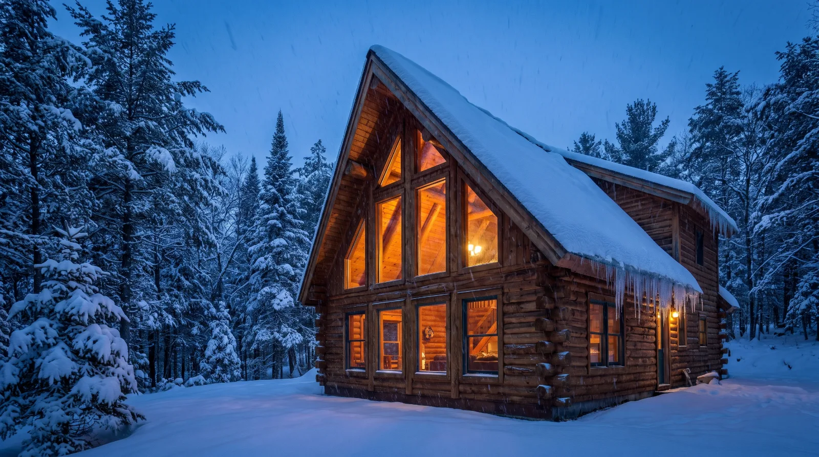 Log cabin with a steep A-frame roof and cathedral-ceiling windows in snowy Pocono woods, with icicles along the eaves