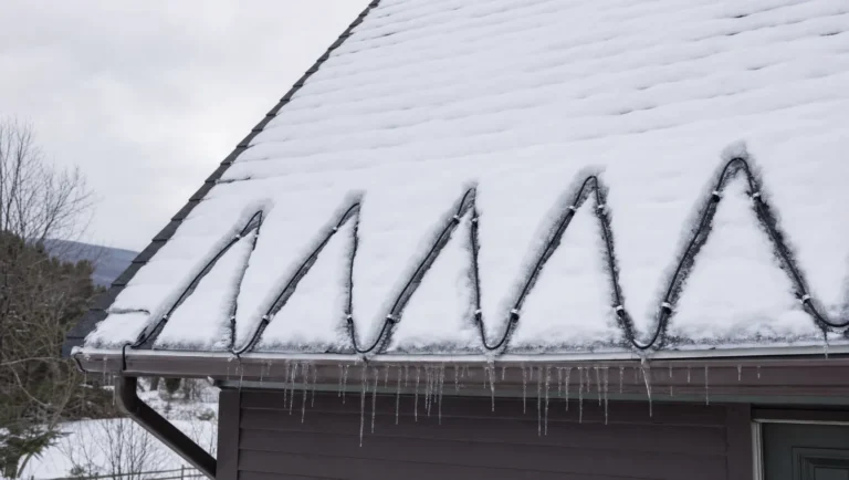 Black de-icing cable laid in a zigzag along a snowy shingle roof edge, melting narrow drain channels above the gutter