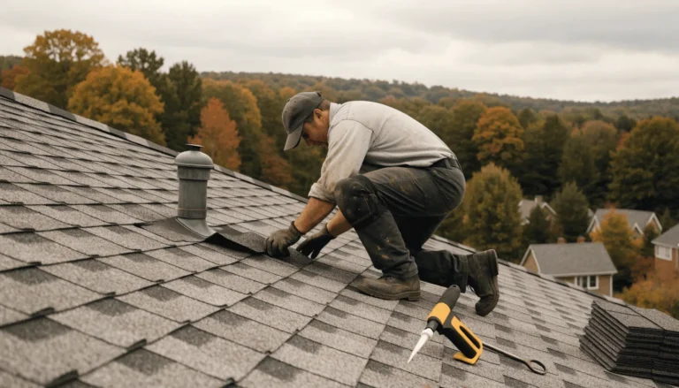 Roofer lifting a shingle beside a vent pipe to repair a leak on a Poconos asphalt roof