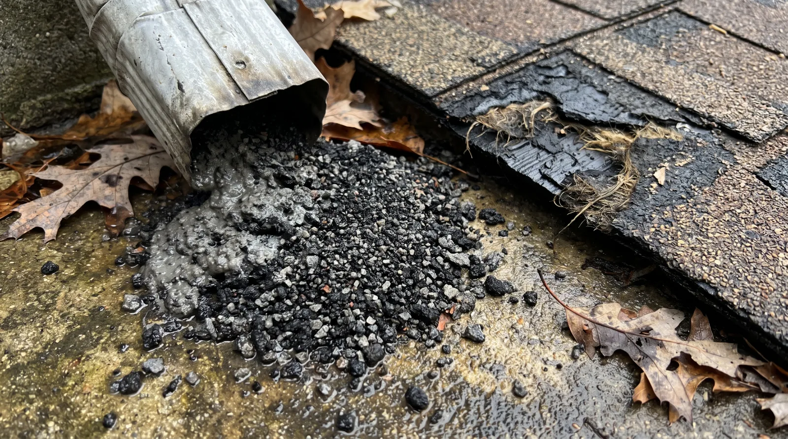 Pile of dark shingle granules washed out of a downspout after pressure washing, next to a shingle stripped bare