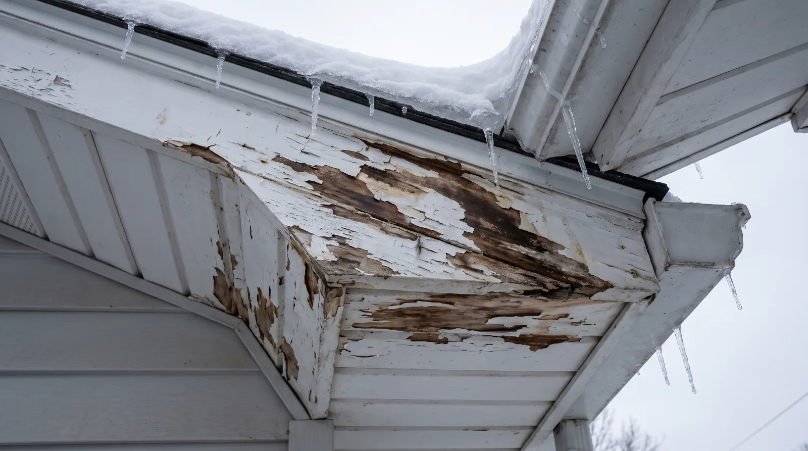 Brown water stains and peeling paint on a white soffit and fascia, a telltale sign of an ice dam leak last winter