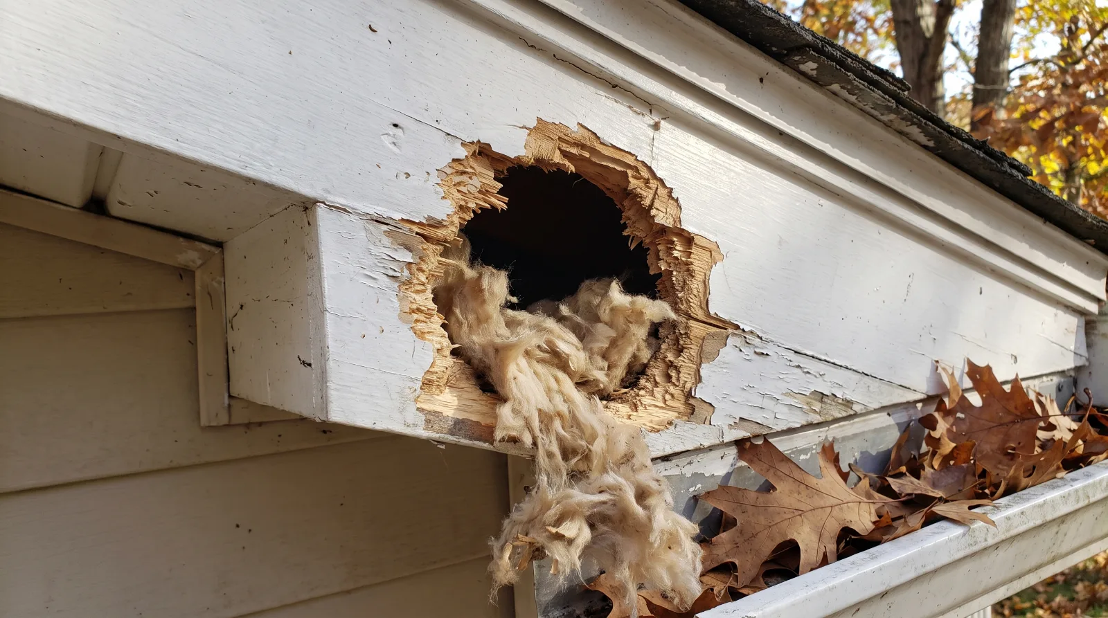 Fist-sized hole chewed through a painted wood fascia and soffit corner, with attic insulation pulled out by squirrels