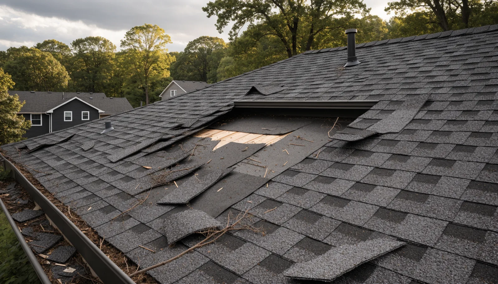 Shingles torn away by high wind exposing bare underlayment after a Pennsylvania storm