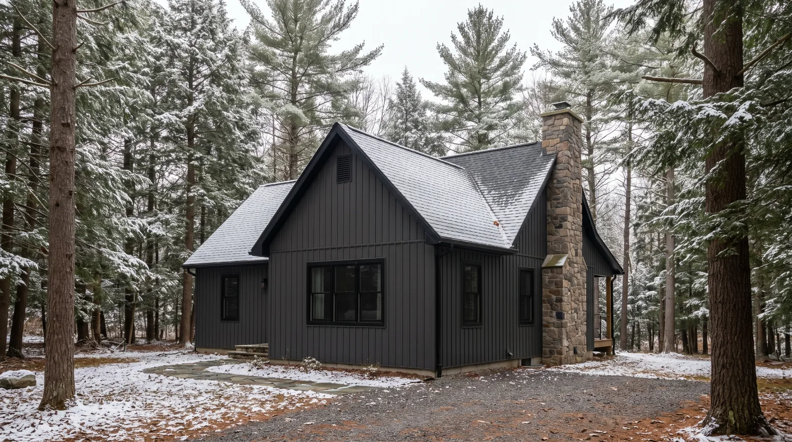 Mountain cabin with charcoal board-and-batten vinyl siding, stone chimney and charcoal roof among snowy pines