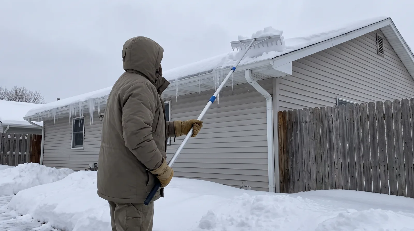 Homeowner standing on the ground using a long roof rake to pull snow off the roof edge above an icy gutter