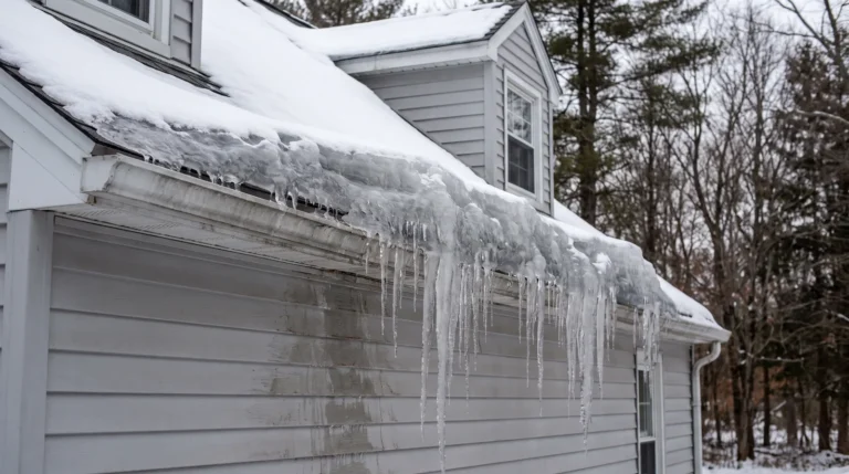 Thick ice dam and icicles along the gutter of a snowy Poconos cape cod, with meltwater staining the siding below
