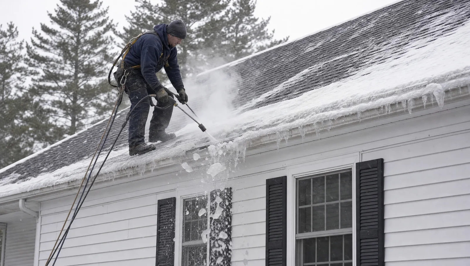 Roofer in a safety harness using low-pressure steam to cut through an ice dam at the eave of a snowy colonial roof