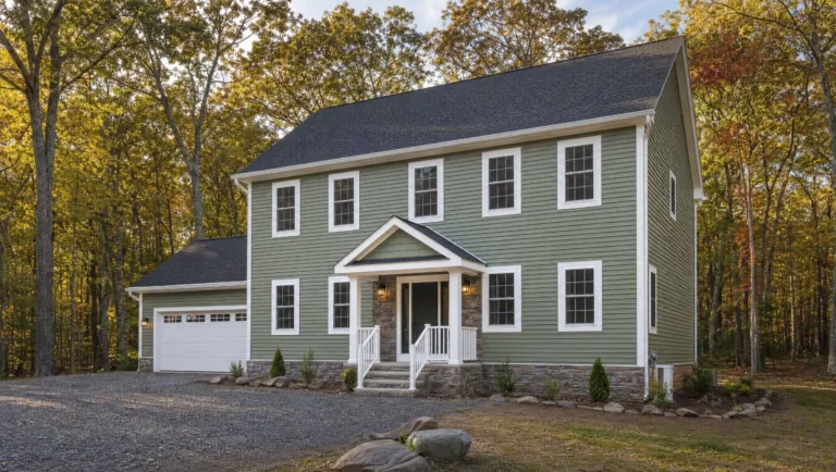 Two-story colonial in a wooded Poconos lot with sage green vinyl siding, white trim and a charcoal shingle roof