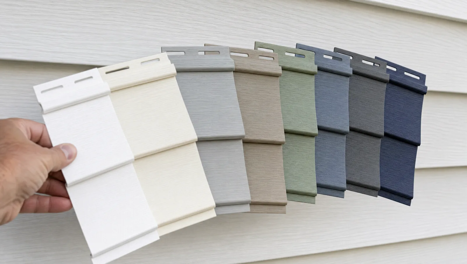 Eight vinyl siding sample panels from white and cream to gray, clay, sage, slate blue, charcoal and navy against a wall