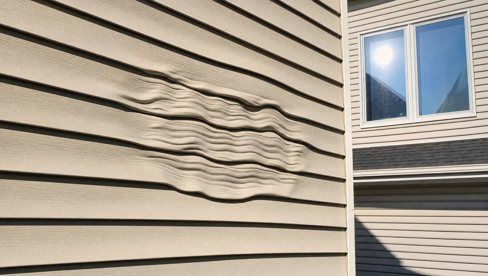 Beige vinyl siding panels warped into waves by sunlight reflected from a neighboring double-pane low-E window
